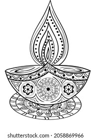 DECORATIVE DIYA(DEEPAK) SYMBOL WITH HENNA DESIGN VECTOR BLACK AND WHITE CLIP ART ILLUSTRATION LINE ART FOR HINDU FESTIVAL DIWALI. Diwali Diya Sketch Greeting, Festival Of Light,Vector Art Illustration