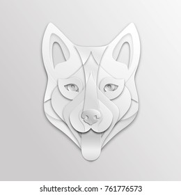 Decorative Dog Face is Made of White Paper Vector Animal Head Applique. Creative Paper Art with Symbol of 2018 Chinese New Year.