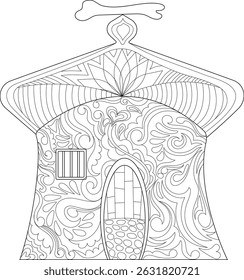 Decorative Dog House Adult Coloring Page, Line art illustration of an ornate dog house with intricate zentangle and doodle patterns, perfect for adult coloring books and relaxation therapy.