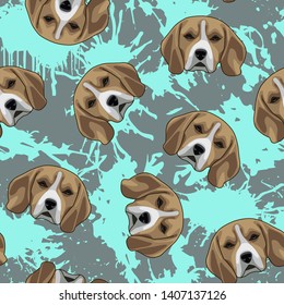 Decorative dog print with beagle muzzles and turquoise paint splashes on gray backdrop.