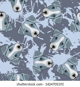 Decorative dog print with blue Jack Russel muzzles and blue paint splashes on gray backdrop.