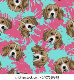 Decorative dog print with brown beagle muzzles and turquoise paint splashes on pink backdrop.