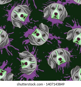 Decorative dog print with gray beagle muzzles and violet paint splashes on dark green backdrop.