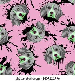 Decorative dog print with gray beagle muzzles and black paint splashes on pink backdrop.