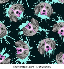 Decorative dog print with gray beagle muzzles and turquoise paint splashes on black backdrop.