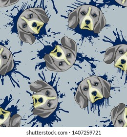 Decorative dog print with gray beagle muzzles and dark blue paint splashes on light blue backdrop.
