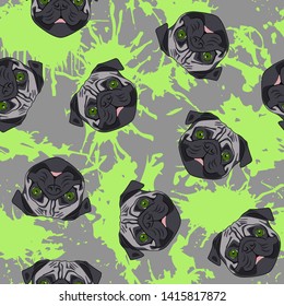 Decorative dog print with gray pug muzzles and acid green paint splashes on gray backdrop.