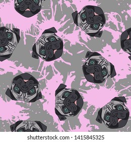 Decorative dog print with gray pug muzzles and pink paint splashes on gray backdrop.