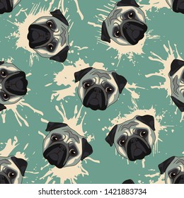 Decorative dog print with gray pug muzzles and pink paint splashes on turquoise backdrop.