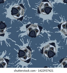 Decorative dog print with gray pug muzzles and blue paint splashes on dark blue backdrop.