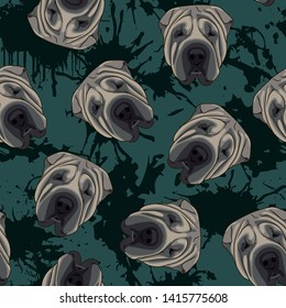 Decorative dog print with gray Shar-Pei muzzles and dark green paint splashes on green backdrop.