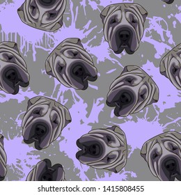 Decorative dog print with gray Shar-Pei muzzles and lilac paint splashes on gray backdrop.