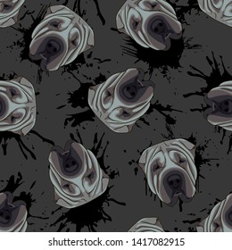 Decorative dog print with gray Shar-Pei muzzles and black paint splashes on dark gray backdrop.