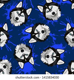 Decorative dog print with husky muzzles and blue paint splashes on dark blue backdrop.