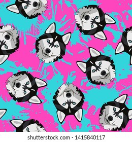 Decorative dog print with husky muzzles and bright turquoise paint splashes on acid pink backdrop.