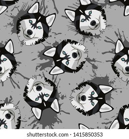 Decorative dog print with husky muzzles and dark gray paint splashes on gray backdrop.