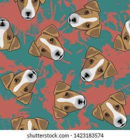 Decorative dog print with Jack Russel muzzles and red paint splashes on green backdrop.