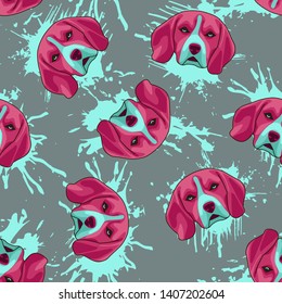 Decorative dog print with pink beagle muzzles and turquoise paint splashes on gray backdrop.