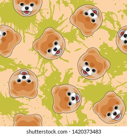 Decorative dog print with pom muzzles and lime paint splashes on peach backdrop.