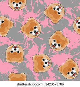 Decorative dog print with pom muzzles and pink paint splashes on gray backdrop.