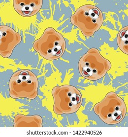 Decorative dog print with pom muzzles and yellow paint splashes on gray backdrop.