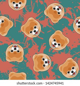 Decorative dog print with pom muzzles and red paint splashes on green backdrop.