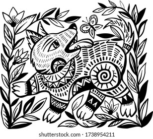 The decorative dog run among the grass. Illustration drawn by hand.