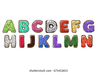 Decorative donut font with colored icing. Letters: a - n