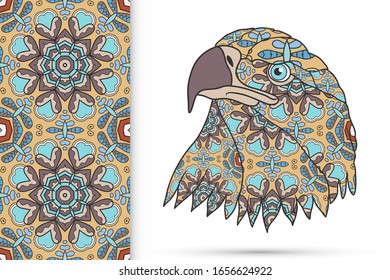 Decorative doodle bird. Head of eagle and vertical seamless pattern with floral geometric repeating texture, ethnic ornament. Isolated artistic element for t-shirt print, invitation, greeting card des