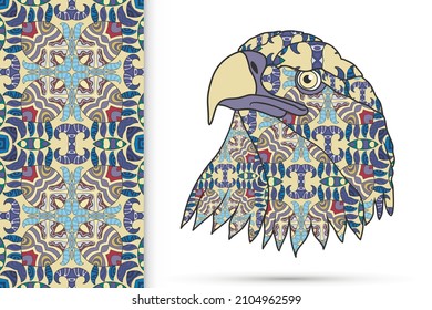 Decorative doodle bird. Head of eagle and vertical seamless pattern with floral geometric repeating texture, ethnic ornament. Isolated artistic element for t-shirt print, invitation, greeting card des