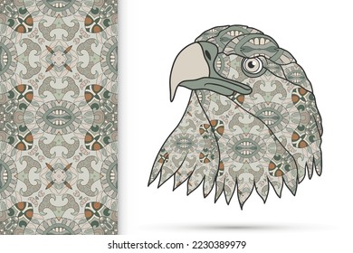 Decorative doodle bird. Head of eagle and vertical seamless pattern with floral geometric repeating texture, ethnic ornament. Isolated artistic element for t-shirt print, invitation, card design