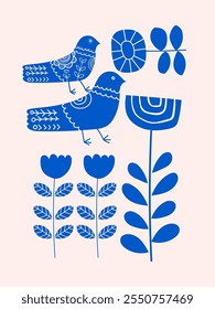 Decorative, doodle birds, flowers, plants hand drawn vector illustration. Vintage monochrome ethnic style design for art print, poster, decoration and cards.