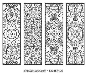 Decorative doodle black lace borders patterns. Tribal ethnic arabic, indian, turkish ornament, bookmarks templates set. Isolated design elements. Stylized geometric floral border, fashion collection