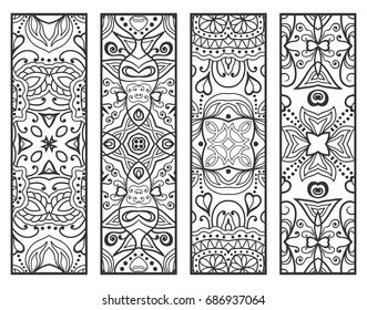 Decorative doodle black lace borders patterns. Tribal ethnic arabic, indian, turkish ornament, bookmarks templates set. Isolated design elements. Stylized geometric floral border, fashion collection