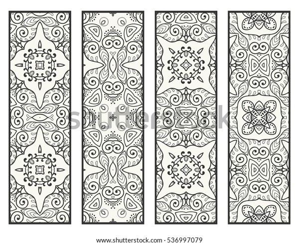 Decorative doodle black lace borders patterns.\
Tribal ethnic arabic, indian, turkish ornament, bookmarks templates\
set. Isolated design elements. Stylized geometric floral border,\
fashion collection