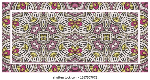 Decorative doodle border pattern with frame. Hand drawn floral geometric ornament. Colorful decoration on white background for textile fabric or paper print. Tribal ethnic indian, arabic decor  