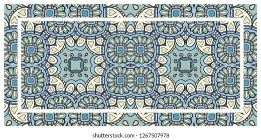 Decorative doodle border pattern with frame. Hand drawn floral geometric ornament. Colorful decoration on white background for textile fabric or paper print. Tribal ethnic indian, arabic decor  