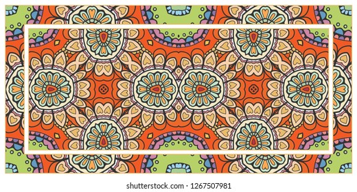 Decorative doodle border pattern with frame. Hand drawn floral geometric ornament. Colorful decoration on white background for textile fabric or paper print. Tribal ethnic indian, arabic decor  