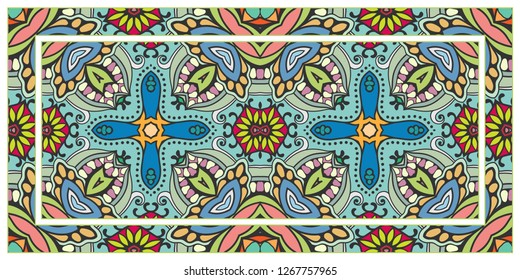 Decorative doodle border pattern with frame. Hand drawn floral geometric ornament. Colorful decoration on white background for textile fabric or paper print. Tribal ethnic indian, arabic decor 