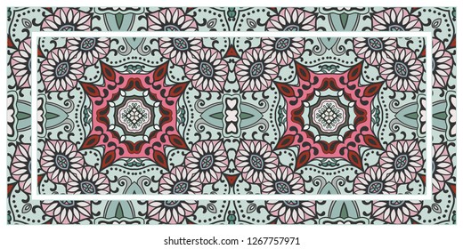 Decorative doodle border pattern with frame. Hand drawn floral geometric ornament. Colorful decoration on white background for textile fabric or paper print. Tribal ethnic indian, arabic decor 