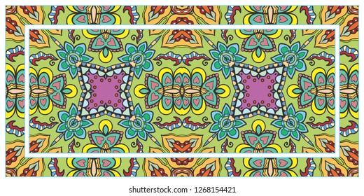 Decorative doodle border pattern with frame. Hand drawn floral geometric ornament. Colorful decoration on white background for textile fabric or paper print. Tribal ethnic indian, arabic decor 