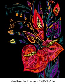 Decorative doodle bouquet. Hand drawn color flowers doodle. Illustration for tattoo or print on t-shirt.