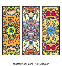 Decorative doodle colorful borders patterns. Tribal ethnic arabic, indian, turkish ornament, bookmarks templates set. Isolated design elements. Stylized geometric floral border, fashion collection