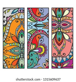 Decorative doodle colorful borders patterns. Tribal ethnic arabic, indian, turkish ornament, bookmarks templates set. Isolated design elements. Stylized geometric floral border, fashion collection