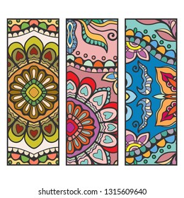 Decorative doodle colorful borders patterns. Tribal ethnic arabic, indian, turkish ornament, bookmarks templates set. Isolated design elements. Stylized geometric floral border, fashion collection