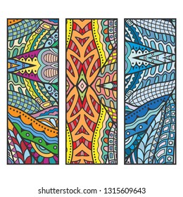 Decorative doodle colorful borders patterns. Tribal ethnic arabic, indian, turkish ornament, bookmarks templates set. Isolated design elements. Stylized geometric floral border, fashion collection