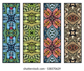 Decorative doodle colorful borders patterns. Tribal ethnic arabic, indian, turkish ornament, bookmarks templates set. Isolated design elements. Stylized geometric floral border, fashion collection