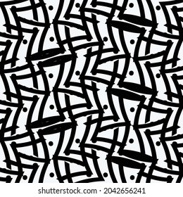 Decorative doodle design with broken curved lines, other elements and dots. Drawing in black and white.
