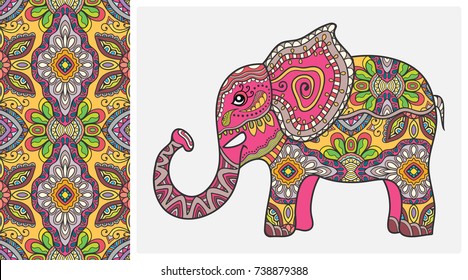 Decorative doodle elephant with ornament and colorful seamless hand drawn pattern. Tribal totem animal, isolated element for scrapbook, invitation card, book cover design, textile fabric print
