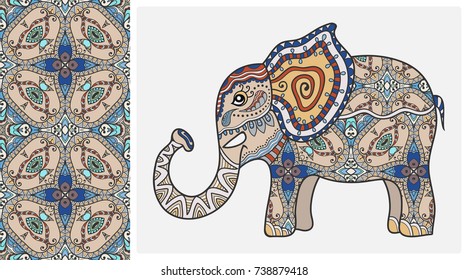 Decorative doodle elephant with ornament and colorful seamless hand drawn pattern. Tribal totem animal, isolated element for scrapbook, invitation card, book cover design, textile fabric print
